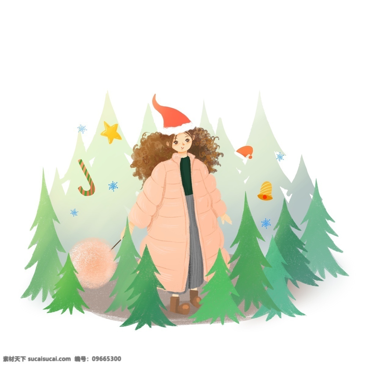 圣诞节 小森 林松 树林 美 少女 圣诞 圣诞夜 圣诞树 圣诞帽 星星 铃铛 美女 女孩 戴 帽 女 号 小树林 松树 可爱