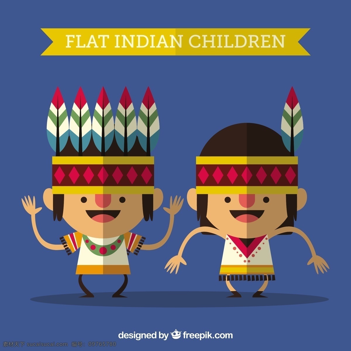 滑稽 印度 孩子 平坦 风格 人 儿童 微笑 快乐 人类 游戏 服装 平面设计 娱乐 有趣 人物 羽毛 蓝色