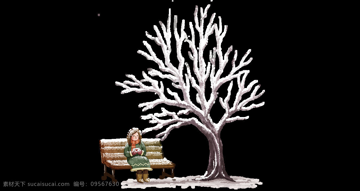 手绘 卡通 冬季 女孩 椅子 树枝 冬天
