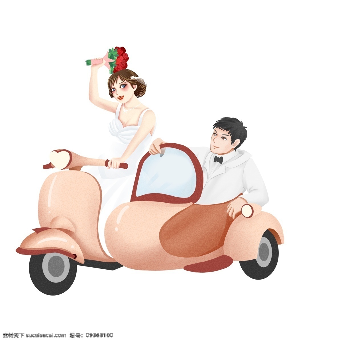 婚礼 新郎 新娘 开 婚车 人物 元素 卡通 免抠元素 透明素材 装饰元素