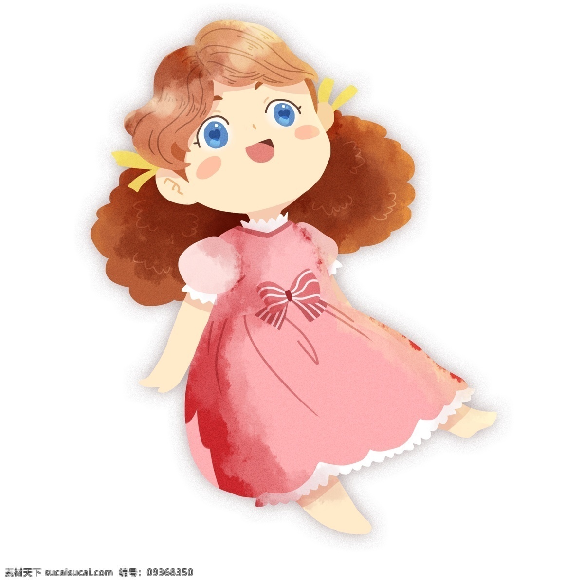 手绘 一个 可爱 女 娃娃 童真 女孩 洋娃娃 儿童 女童 插画 公主裙 卷发