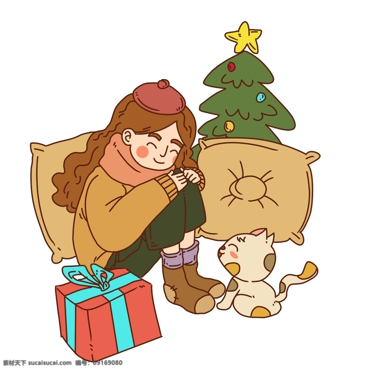 手绘 收到 圣诞 礼物 小女孩 圣诞节 圣诞树 女孩 男孩 圣诞快乐 圣诞人物 圣诞球 圣诞礼物 红色礼物盒 小猫咪