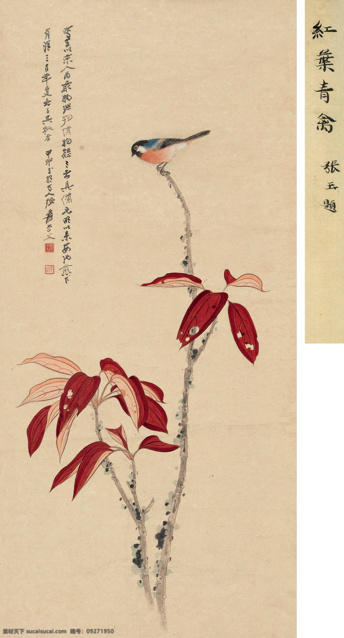 工笔 国画 绘画书法 文化艺术 张大千 红叶 青 禽 设计素材 模板下载 红叶青禽