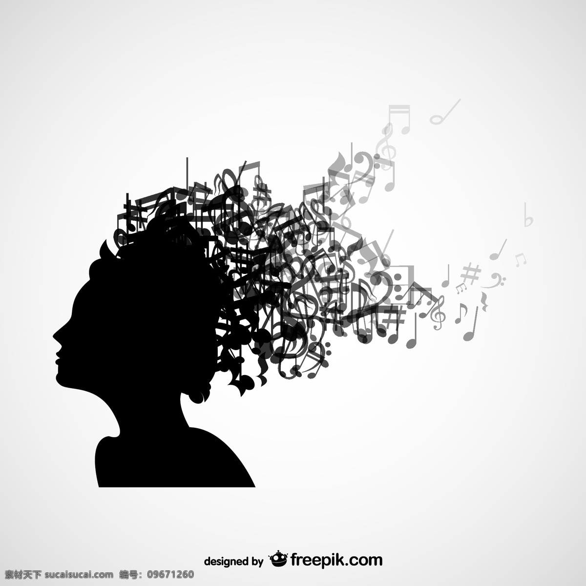 头发 上 有音乐 女人 头上 轮廓 背景 音乐 人 模板 壁纸 图形 布局 笔记 人类 符号 黑色背景 平面设计 黑色 白色