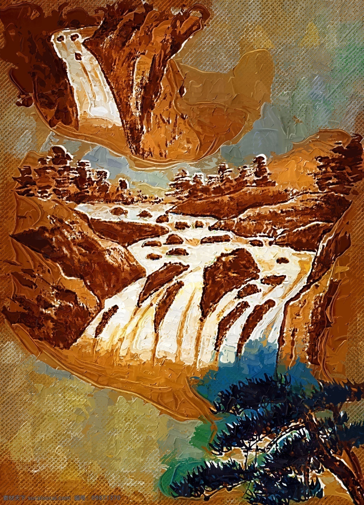 油画 山水 装饰画 山水油画 手绘 白色相框画 抽象画