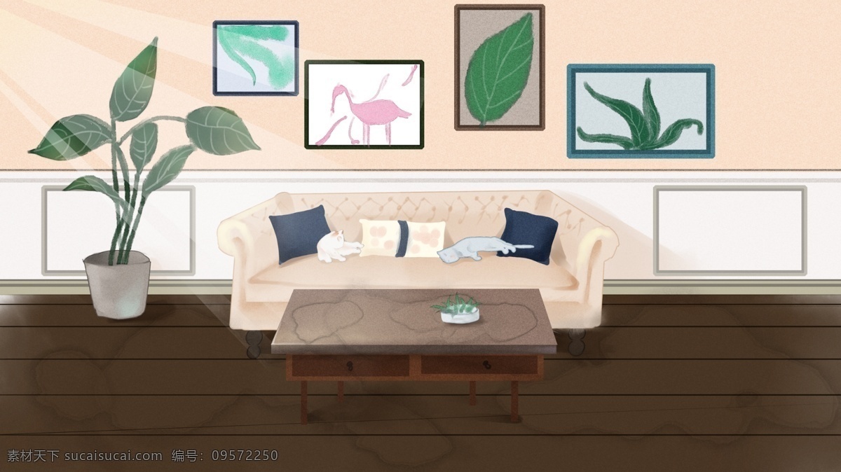 猫咪午后小憩 生活 家居 沙发 挂画 插画 猫咪 绿植 茶几 手机主题 美式