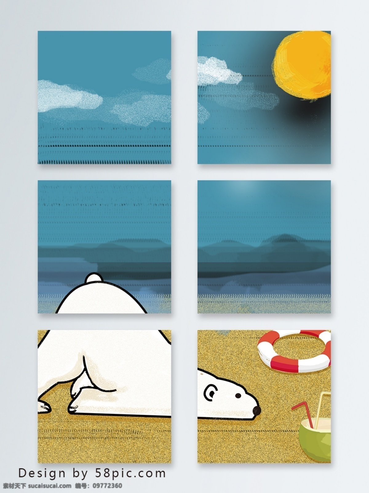 沙滩 北极熊 背景 夜晚 月亮 插画 大海 风景 海滩 热 夏天 游泳圈