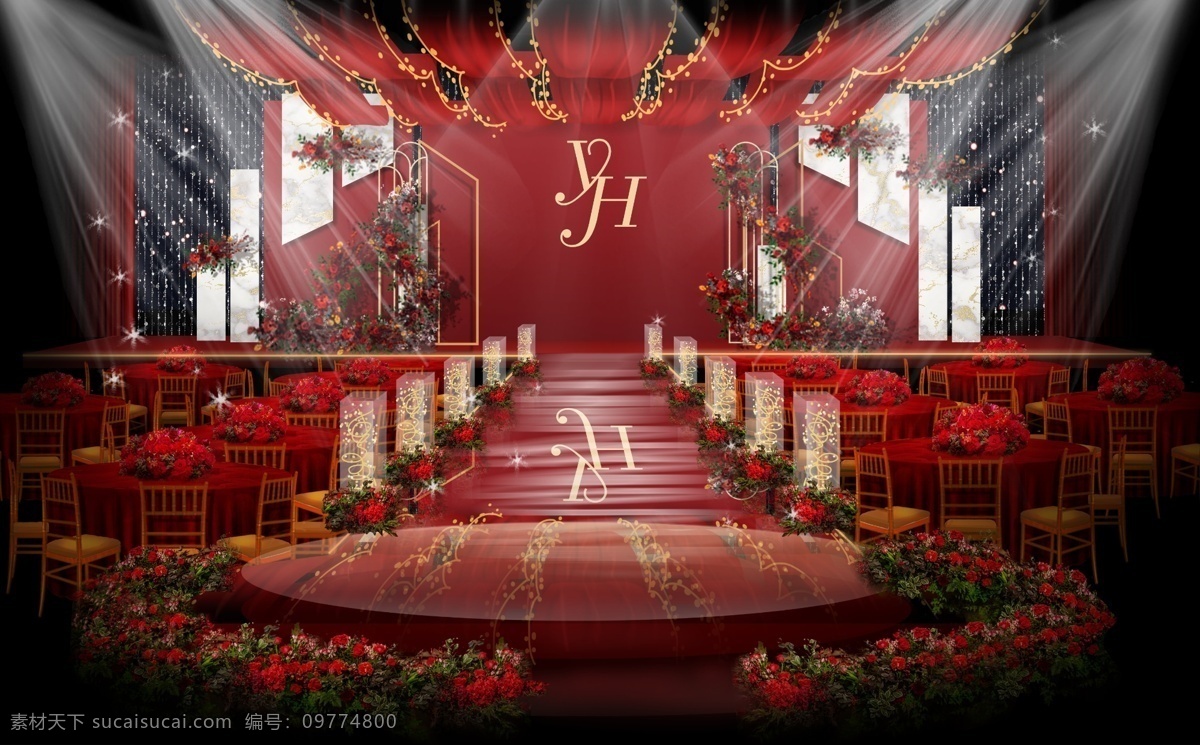 红色 婚礼 主 舞台 效果图 红色婚礼 红金婚礼 婚礼效果图 红色花 婚礼花艺 小闪灯 婚礼主背景 亮片