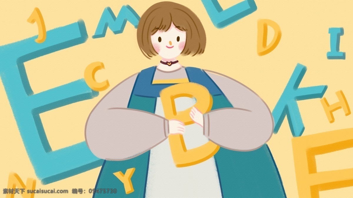 字母 邂逅 女孩 字母表 小清新 渐变 可爱 黄色 卡通 26个字母 字母邂逅 短发 扁平 少女 元气 字母组合 字母排列 裙子