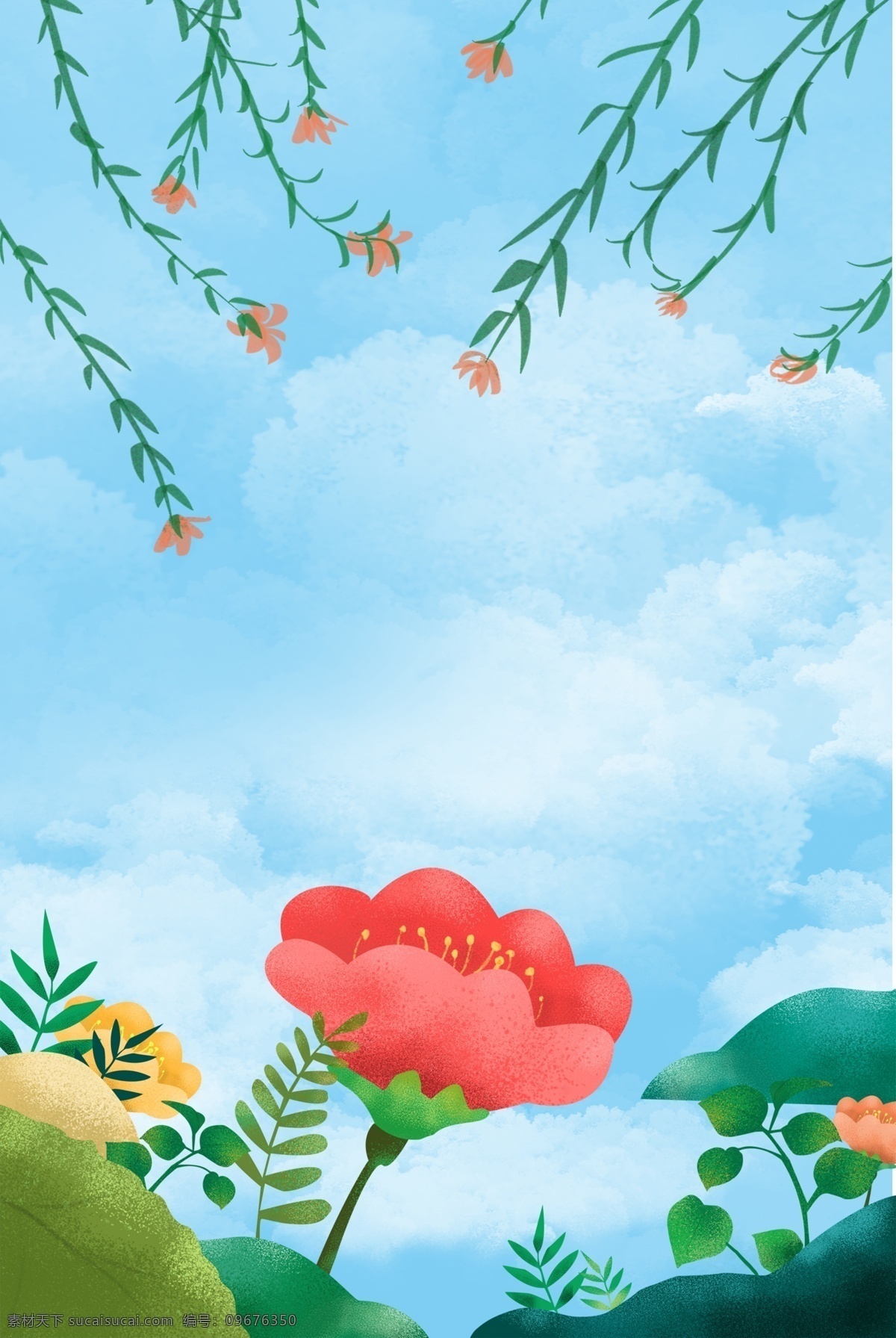 夏季 花卉 蓝色 文艺 海报 banner 背景 边框 蓝色背景 psd源文件 淘宝 天猫 叶子 海报背景 开心