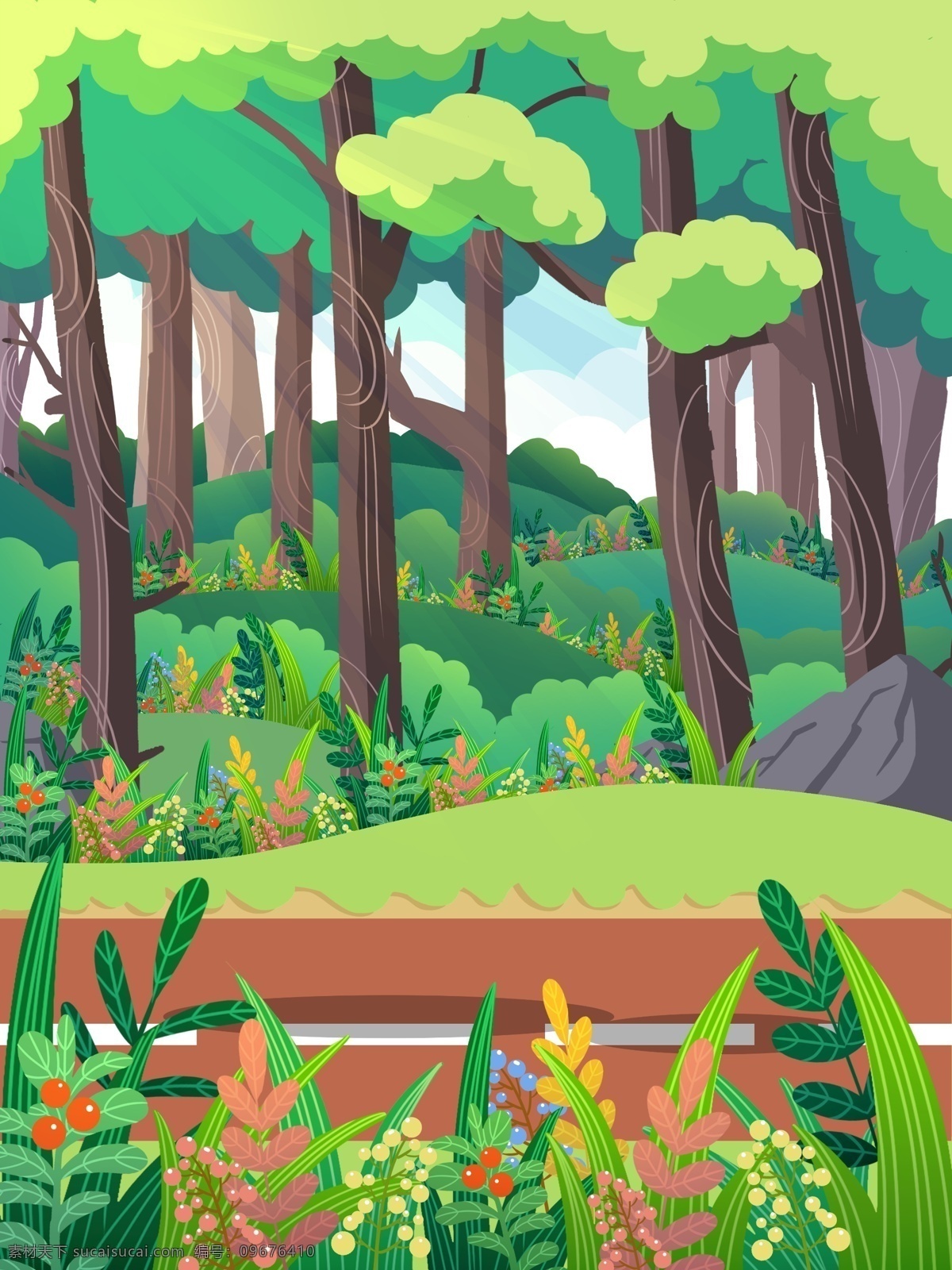 绿色植物 树林 草地 风景 植物 树木 卡通 彩色 创意 装饰 背景 设计背景 海报背景 简约 图案
