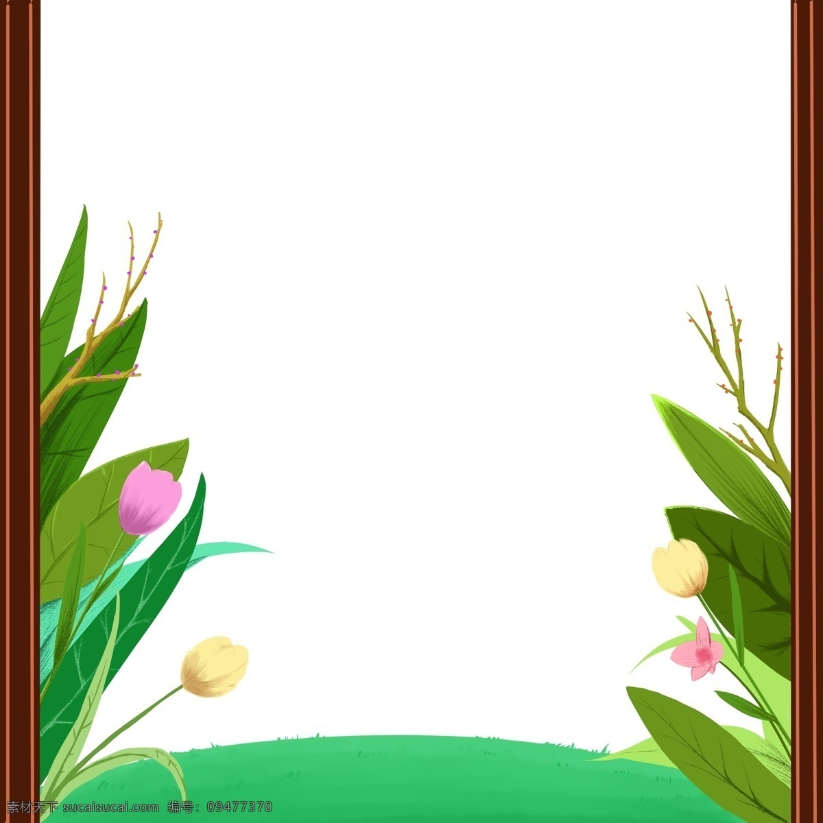 对称 式 情人节 花丛 边框 装饰 木边框 浪漫 温馨 粉色 绿色 草坪 对称式结构 自然 场景 相框