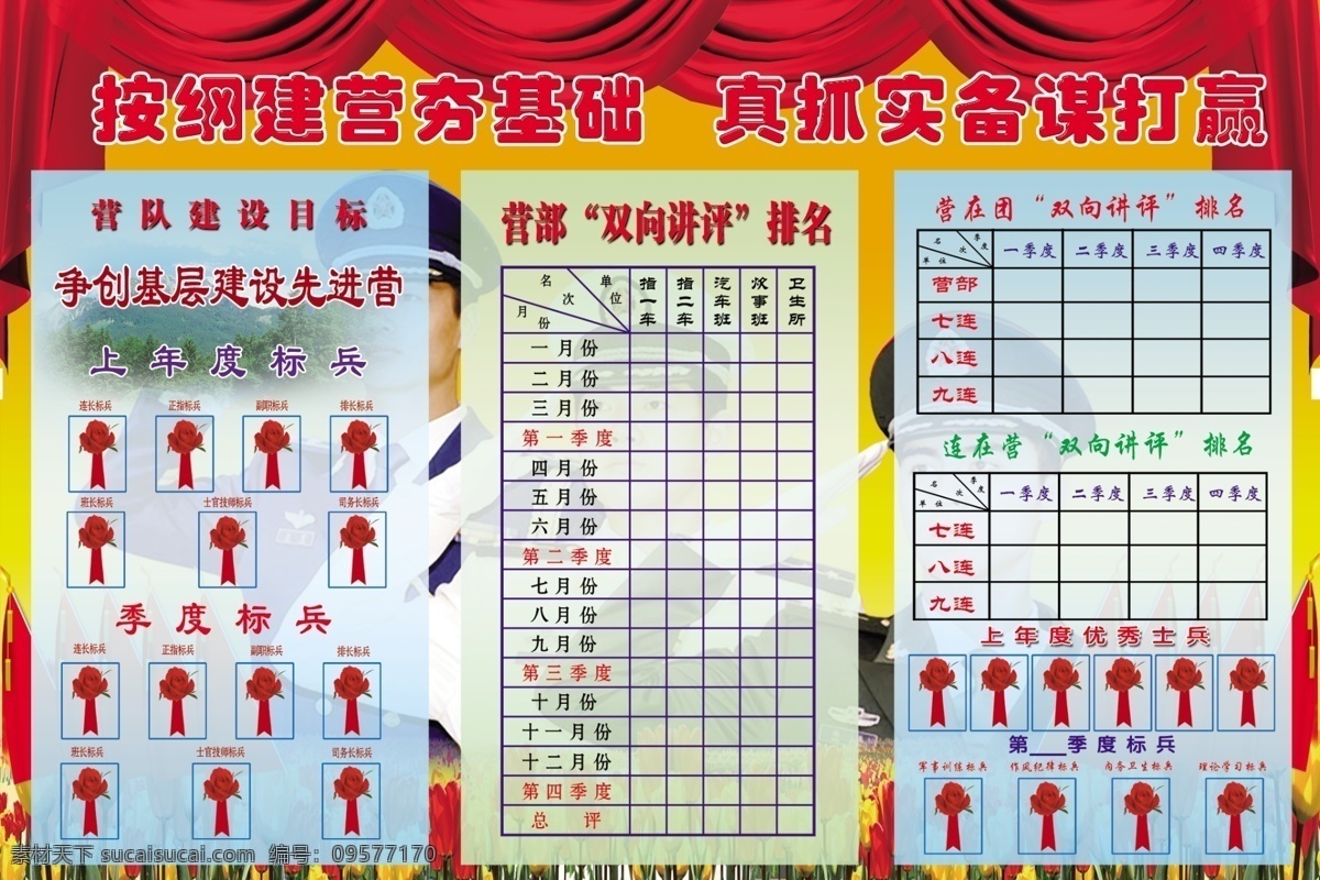 部队 标兵 展板 广告设计模板 红幕布 红旗 花 军人 其他模版 宣传板 源文件 部队标兵展板 其他展板设计