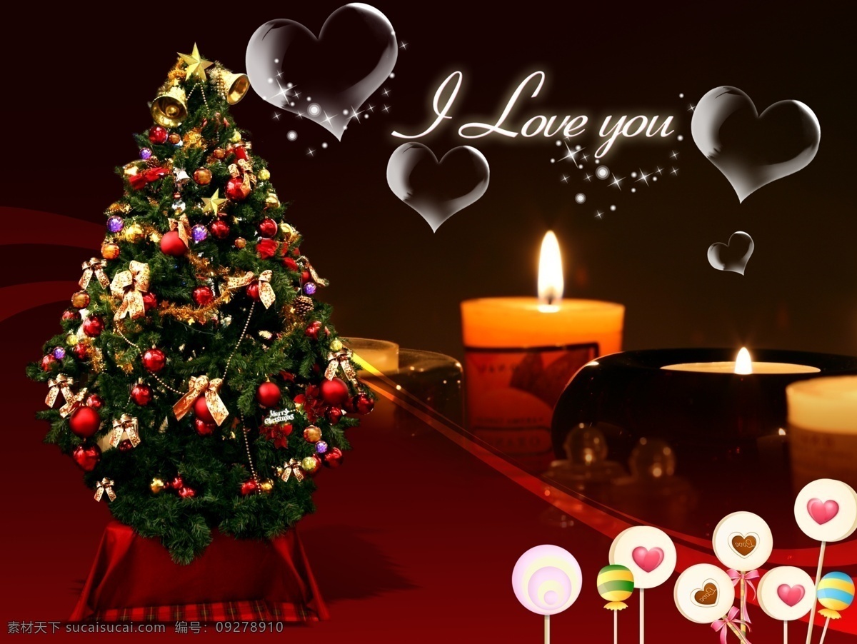圣诞 蜡烛 圣诞树 透明心形 黑红背景 节日素材 其他节日
