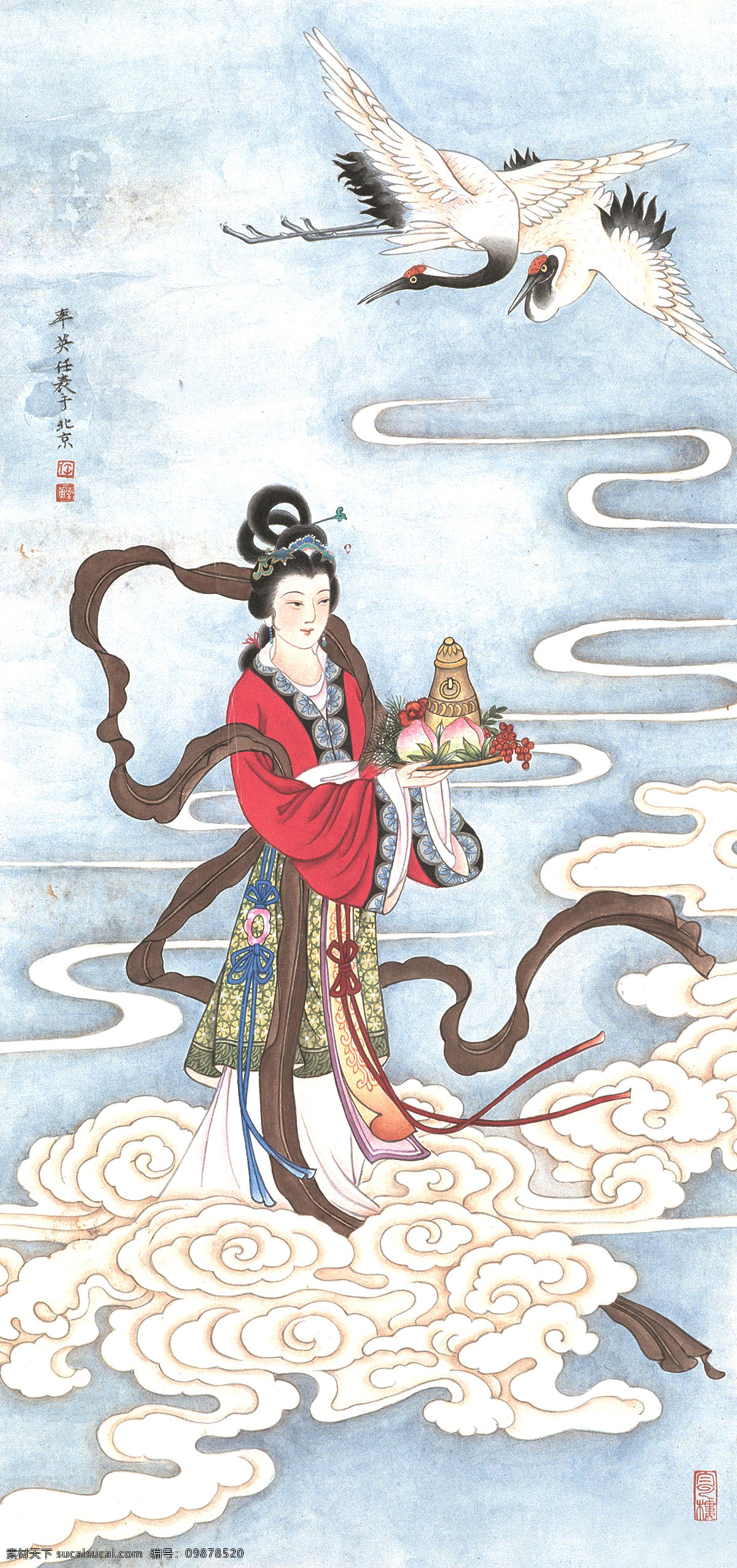 献寿 近现代 山水画 精选 近代绘画 任率英 国画 古画 书画 山水 人物 古人物 古代美女 古装美女 仙鹤 桃子 仙桃 祥云 文化艺术 绘画书法 设计图库