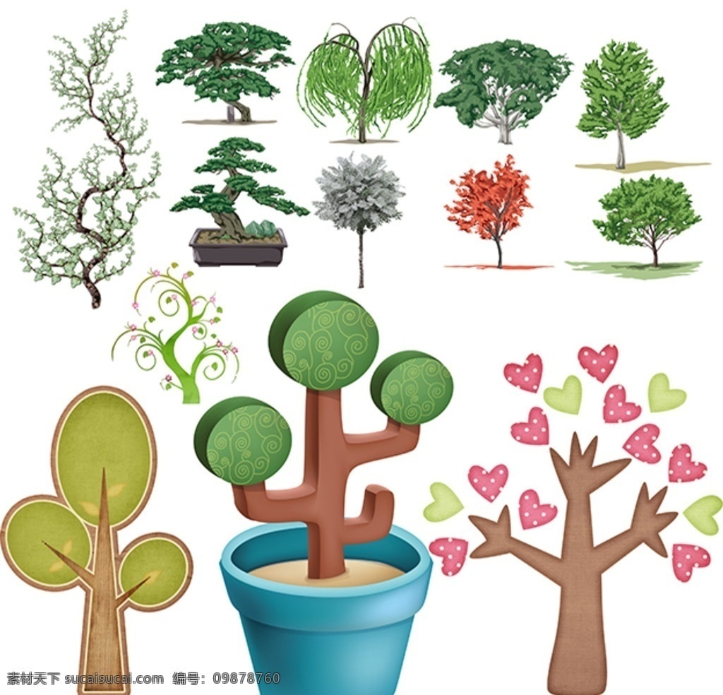 树素材 矢量树木 树木图案 树木插图 可爱树 心形树 环保素材 卡通素材 花卉植物 分层