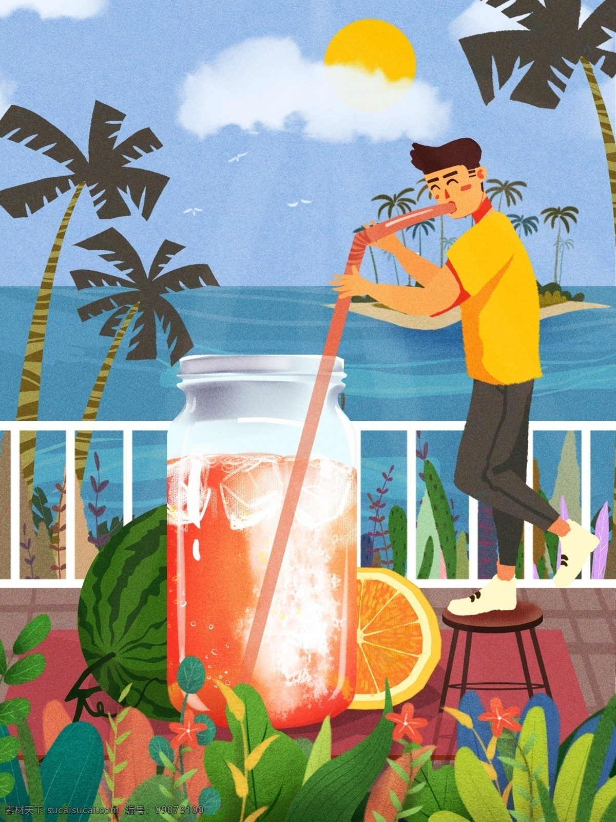 原创 插画 五月 你好 卡通 人物 你好夏天 夏季 果汁 卡通人物 人物插画 你好插画 你好夏季