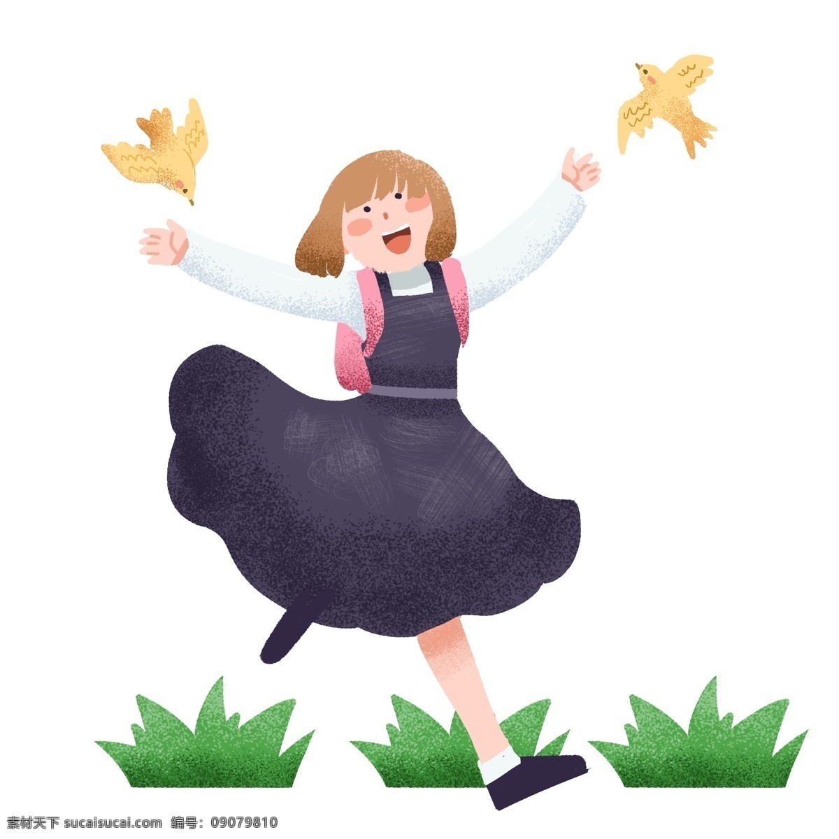 春季 踏青 开心 小女孩 插画 开心的小女孩 春游 绿色的植物 飞翔的小鸟 黄色小鸟 踏青人物插画