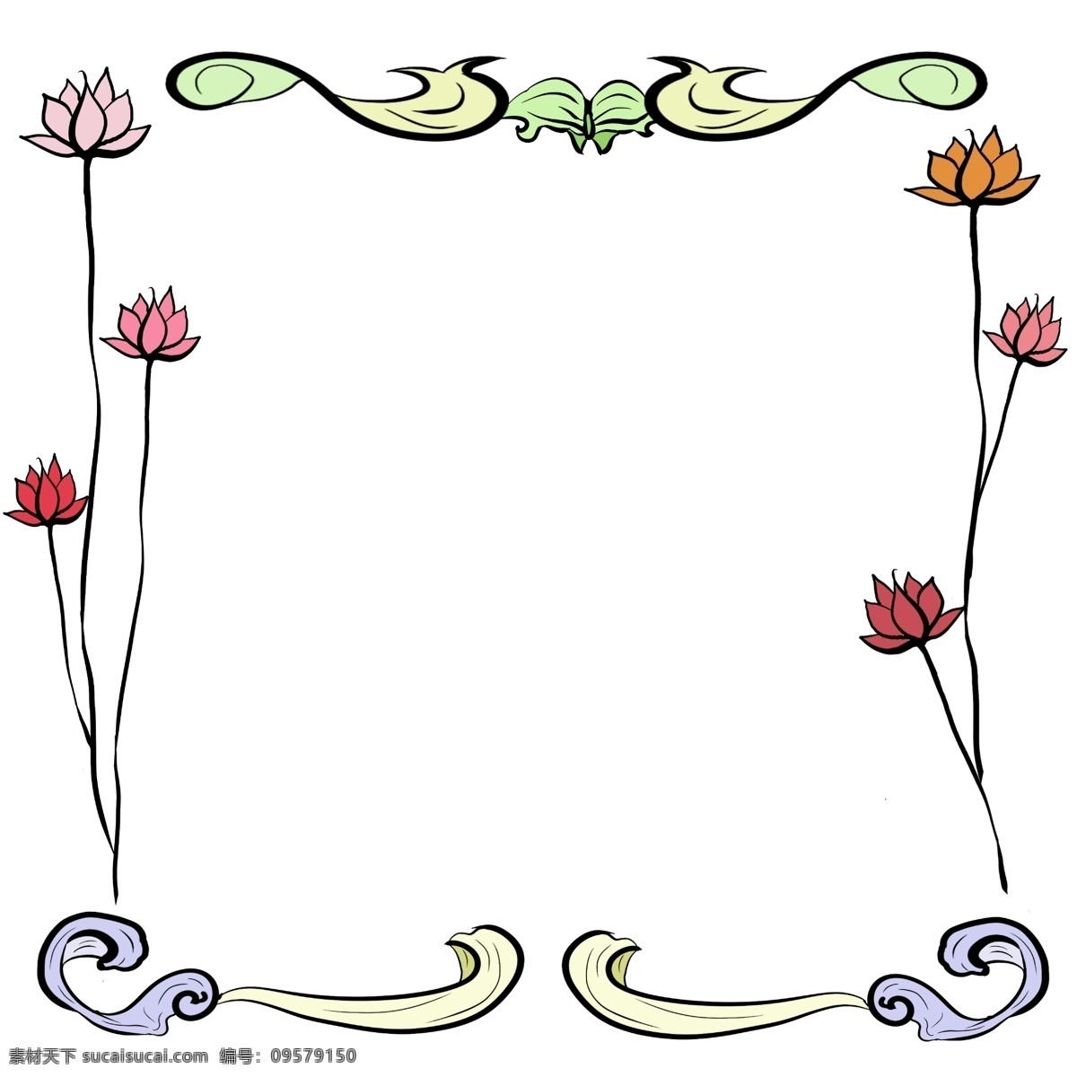 创意 鲜花 边框 插画 盛开的荷花 植物插画 花朵边框插画 边框插画 红色边框插画 花朵 植物边框插画