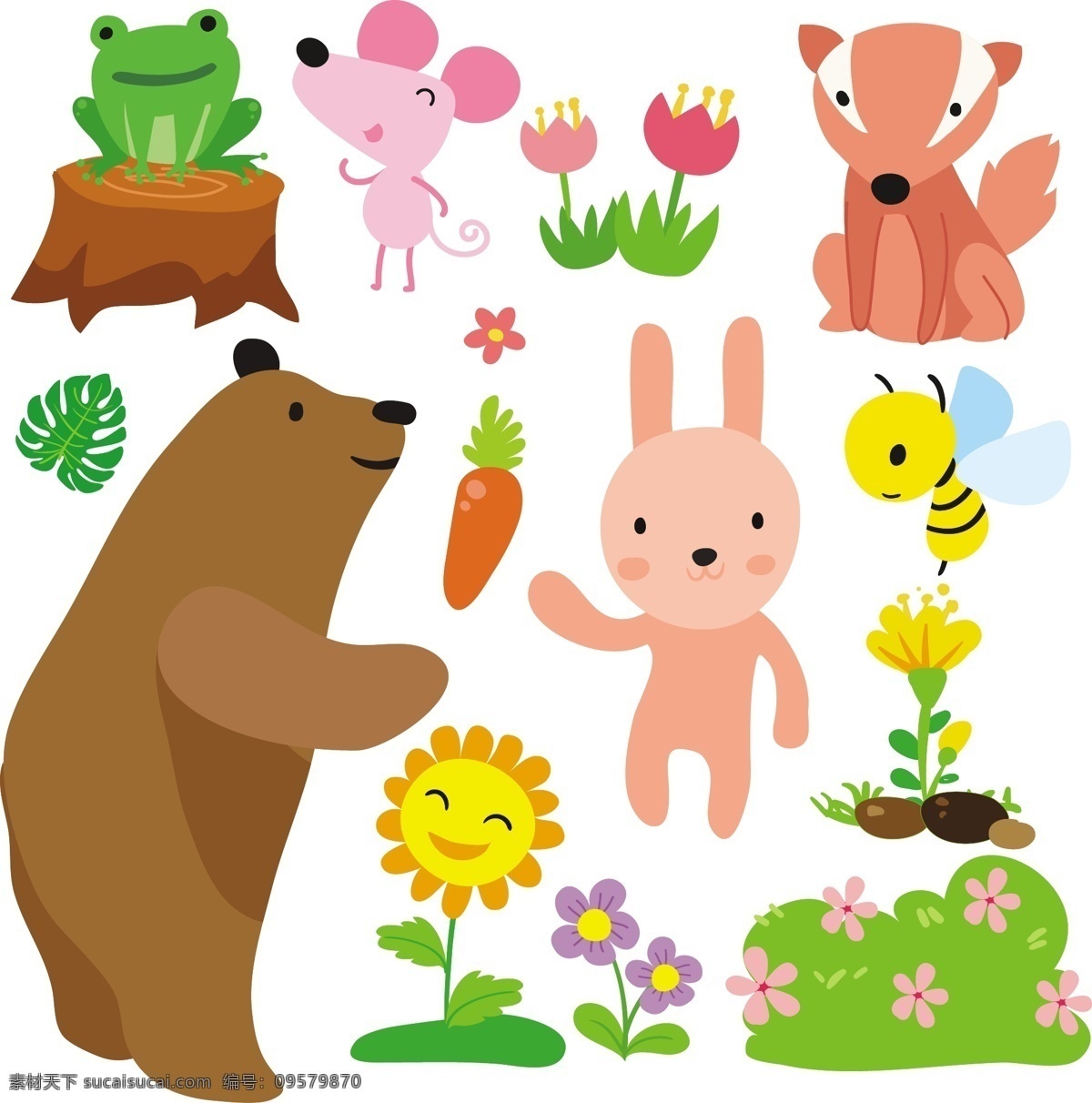 组 可爱 卡通 小 动物 元素 创意设计 简约 欧式 艺术 小动物 植物