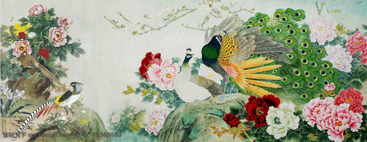 孔雀 牡丹 图 国画 花鸟 花鸟国画 花鸟画 无框画 装饰画 装饰素材