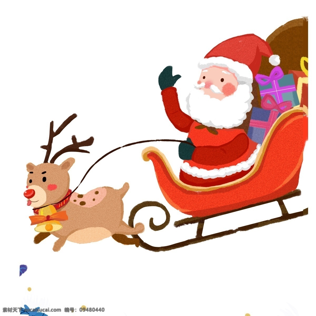 可爱 驯鹿 拉 雪橇 清新 圣诞节 礼物 插画 卡通 圣诞老人