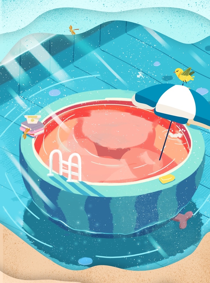 手绘西瓜泳池 手绘 西瓜 泳池 阳光 水 太阳伞 分层