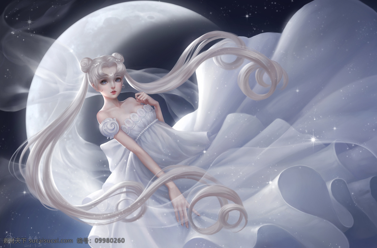 月亮女神 月亮 神女 原画 绘画 星空 灰色