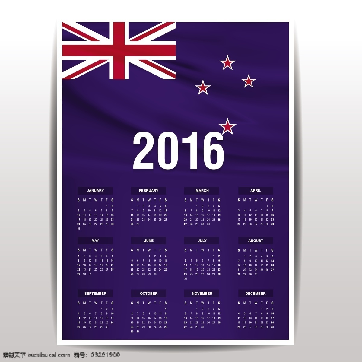 2016 日历 新西兰 国旗 标志 模板 时间 数字 新 年 国家 日期 月份 计划 爱国 一月 十二月 周 白色