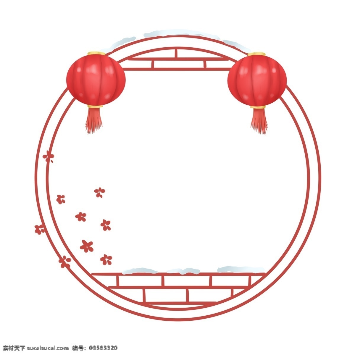 新年 圆形 梅花 边框 红色复古边框 中国 风 红色 喜庆 插画风格灯笼 新年灯笼 新春灯笼