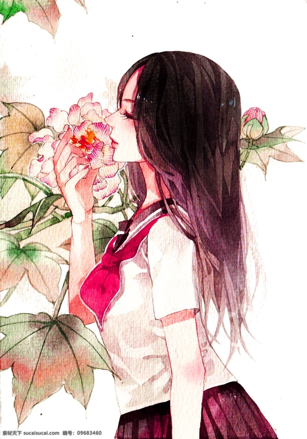 卡通 手绘 学生 元素 手绘女孩 花朵 校服 制服 领结 晒女 闻花 盛开 英伦式校服 中国校服 绅士优雅 运动随性 男生校服 女生校服 小学生校服