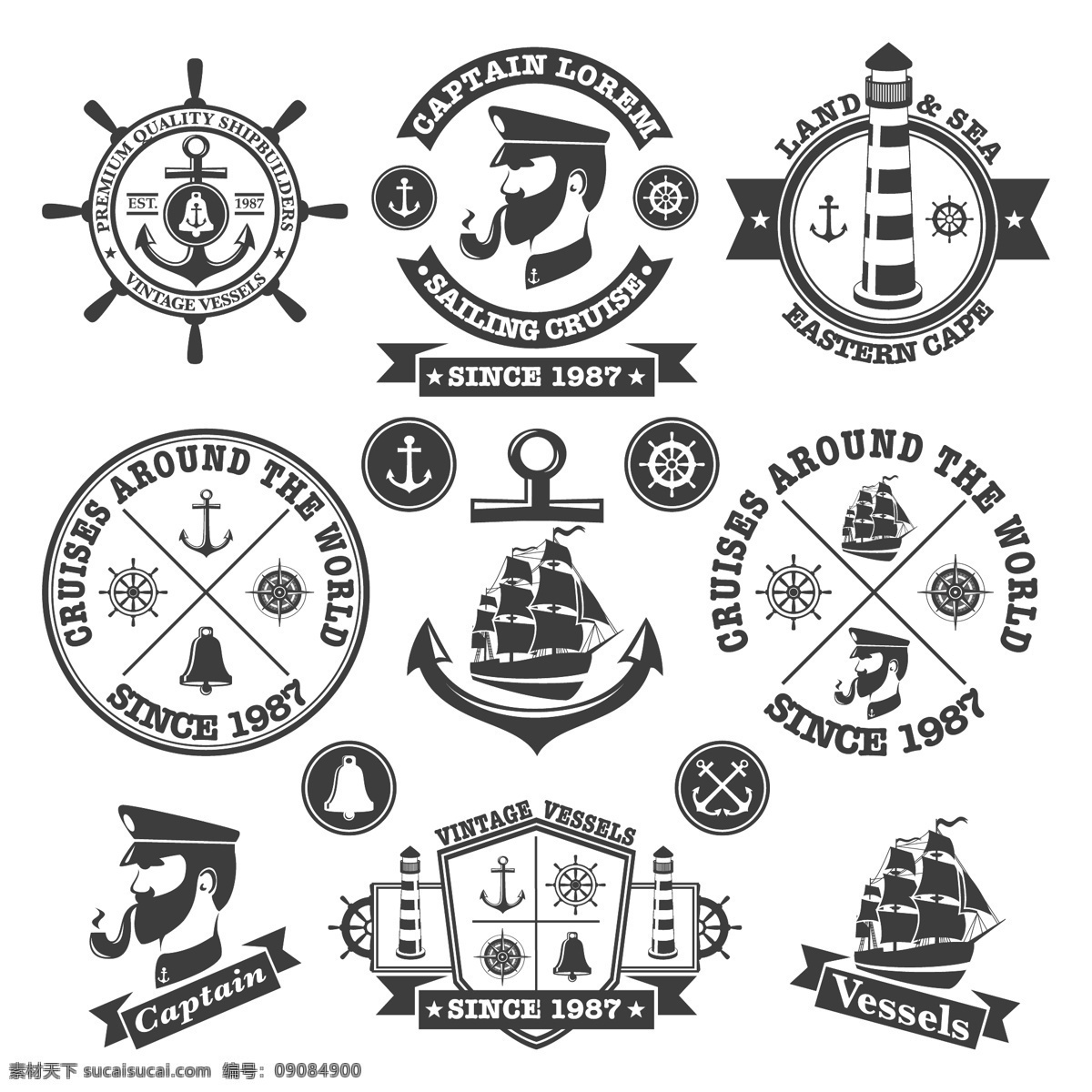 船长帆船图标 船长 船锚 航海图标 航海标志 船舵 标志图标 矢量素材 白色
