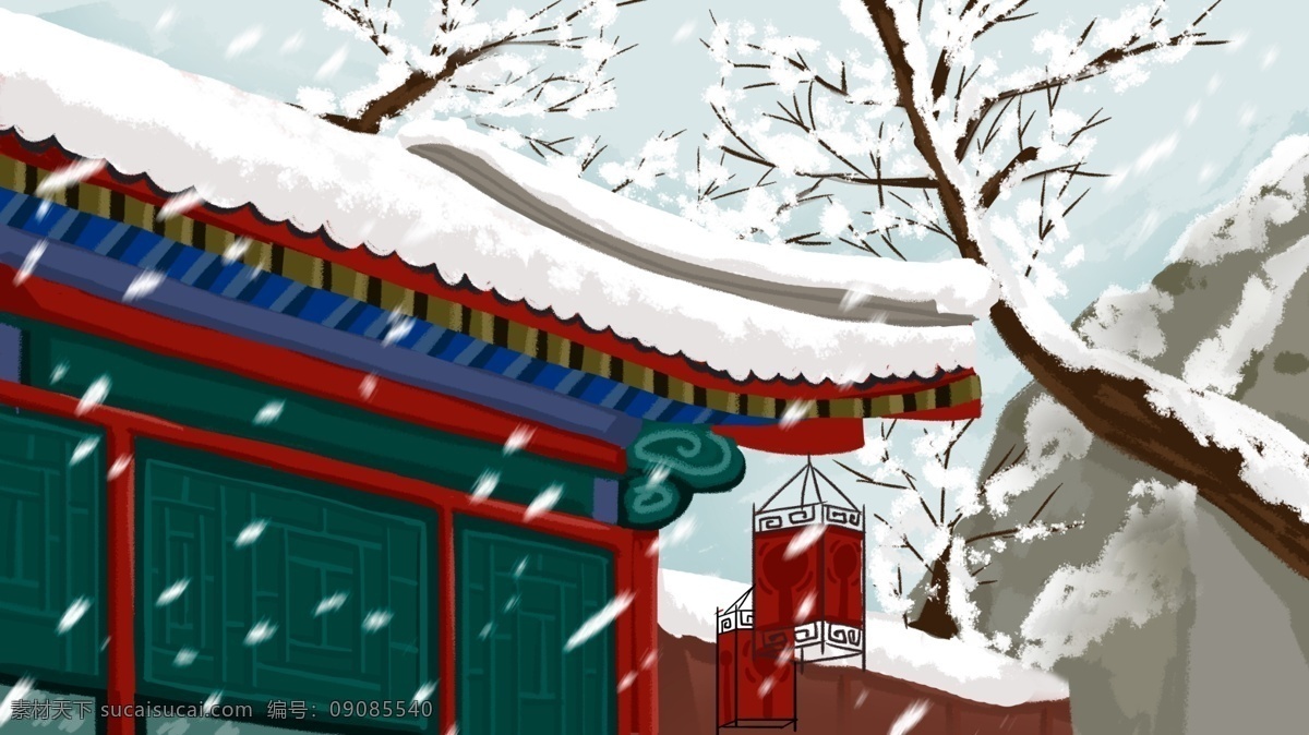 冬季 雪景 中式 建筑 红火 灯笼 孤 树 植物 山 肌理 纹路 飘雪 模糊