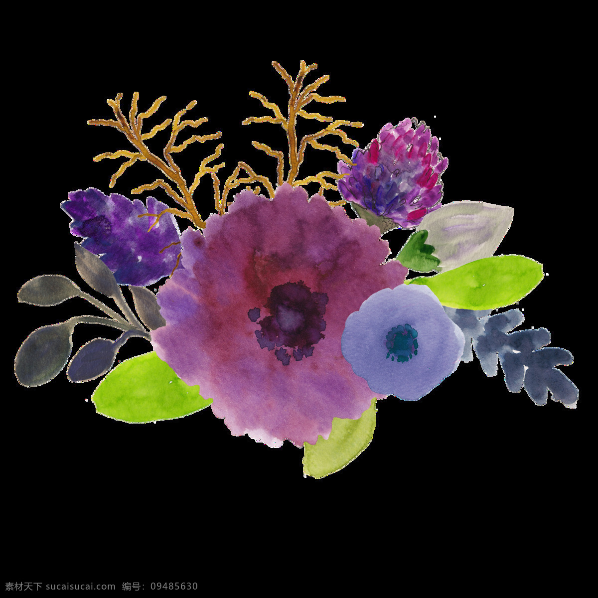 手绘 紫色 花卉 透明 水彩 鲜绿色 灰色 透明素材 免扣素材 装饰图片