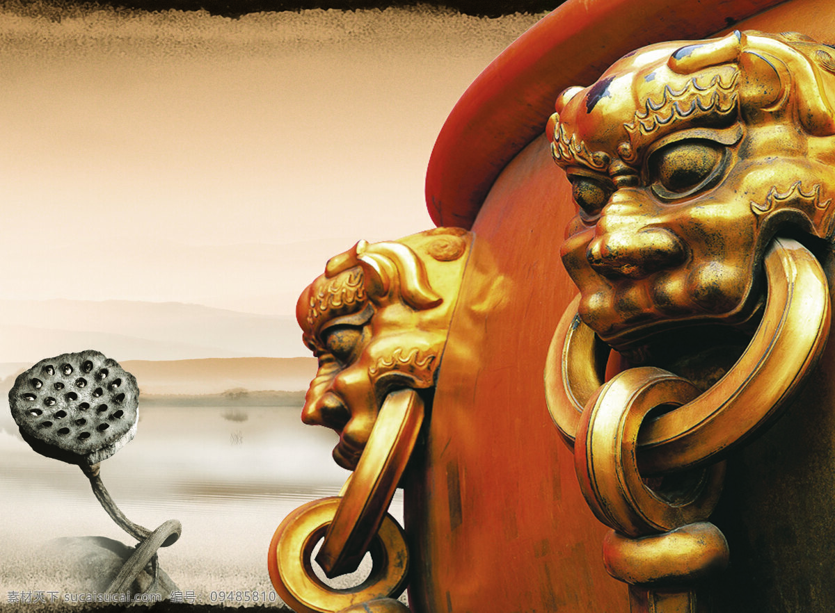 中国 风 金色 狮子 背景 广告 莲蓬 石狮