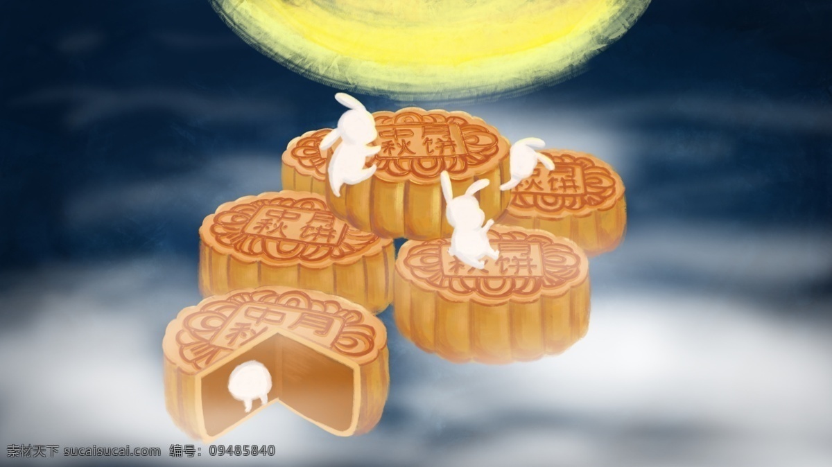 简约 清新 中秋节 兔子 爬 月饼 赏月 场景 插画 中秋 月亮 云 秋季 夜空 八月十五