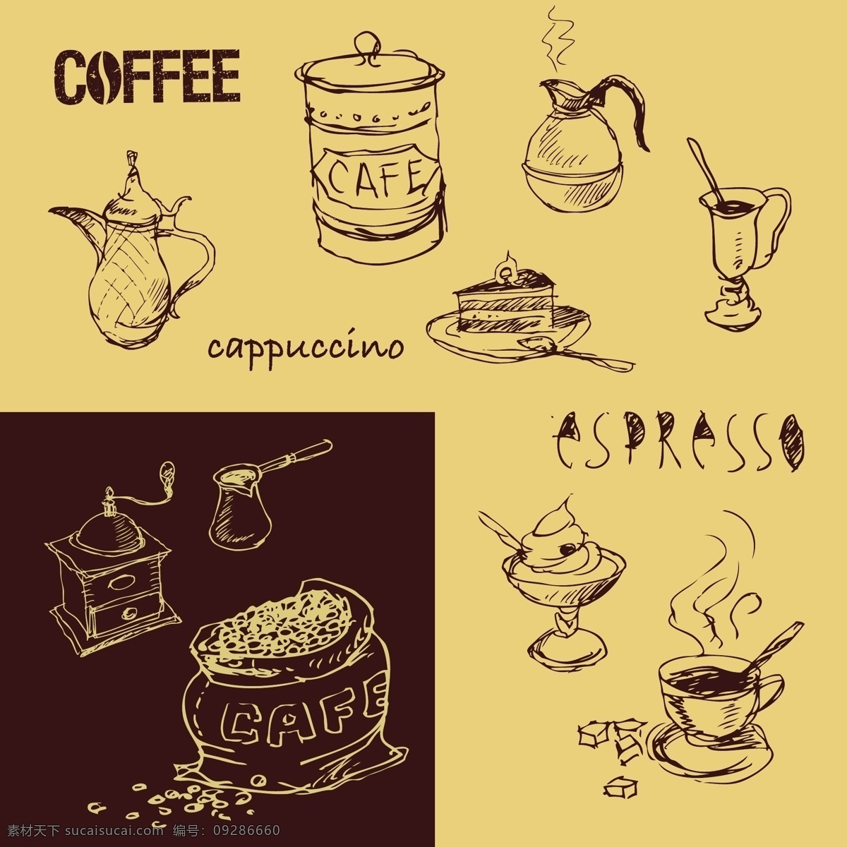 手绘 咖啡 行 发出 矢量 蛋糕 咖啡豆 咖啡机 素描 行发行 方糖 矢量图