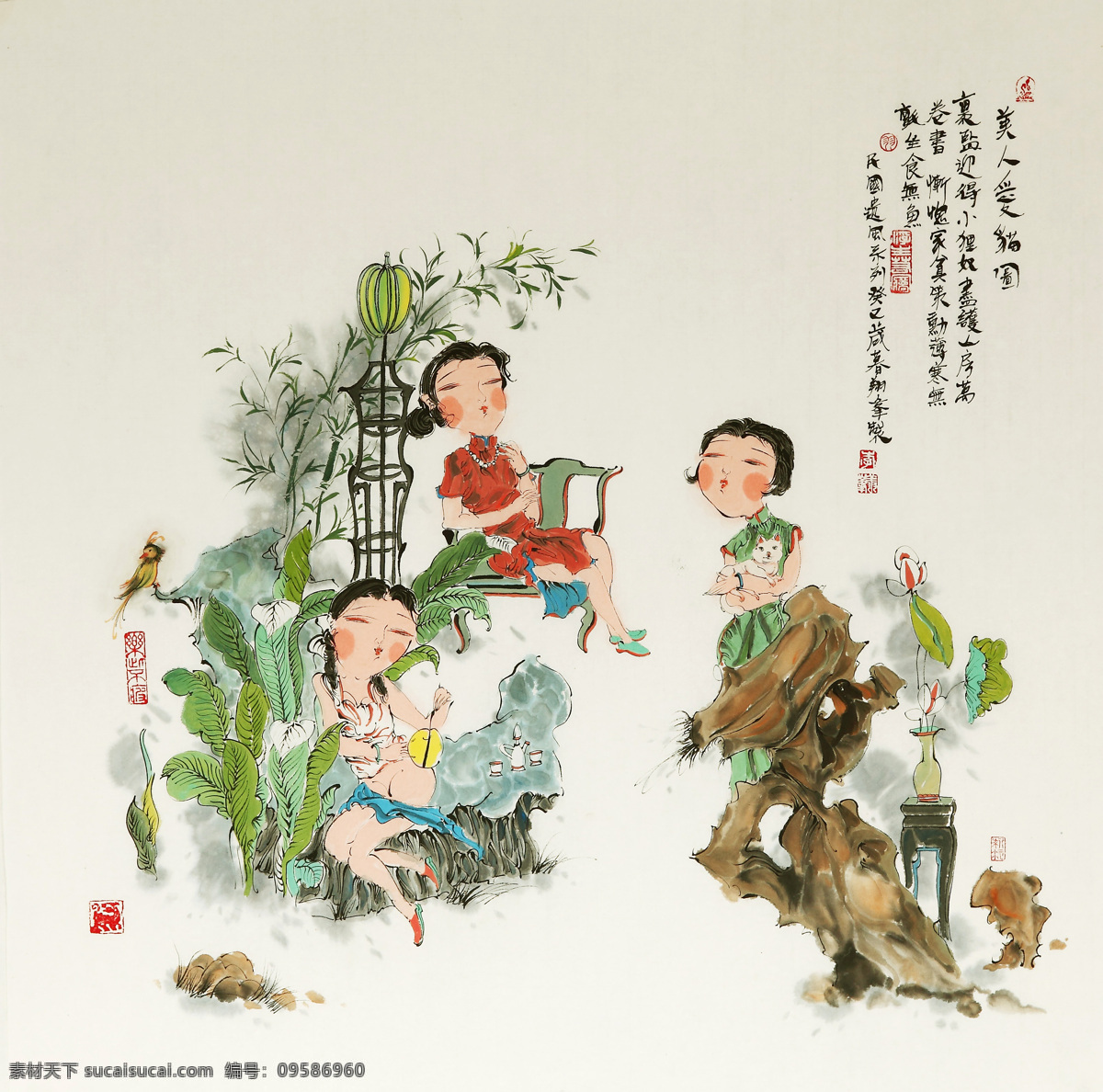 美人爱猫图 美术 中国画 人物画 女人 女子 女郎 民国仕女 庭园 花木 树木 家猫 李翔峰国画 国画集128 文化艺术 绘画书法