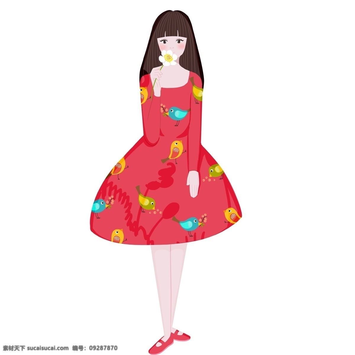 红色 裙子 小女孩 图案 水彩画 插画 绘画 卡通 彩色 创意 设计元素 简约 现代 时尚 小清新 文艺 文雅 精致精美 绘画手稿