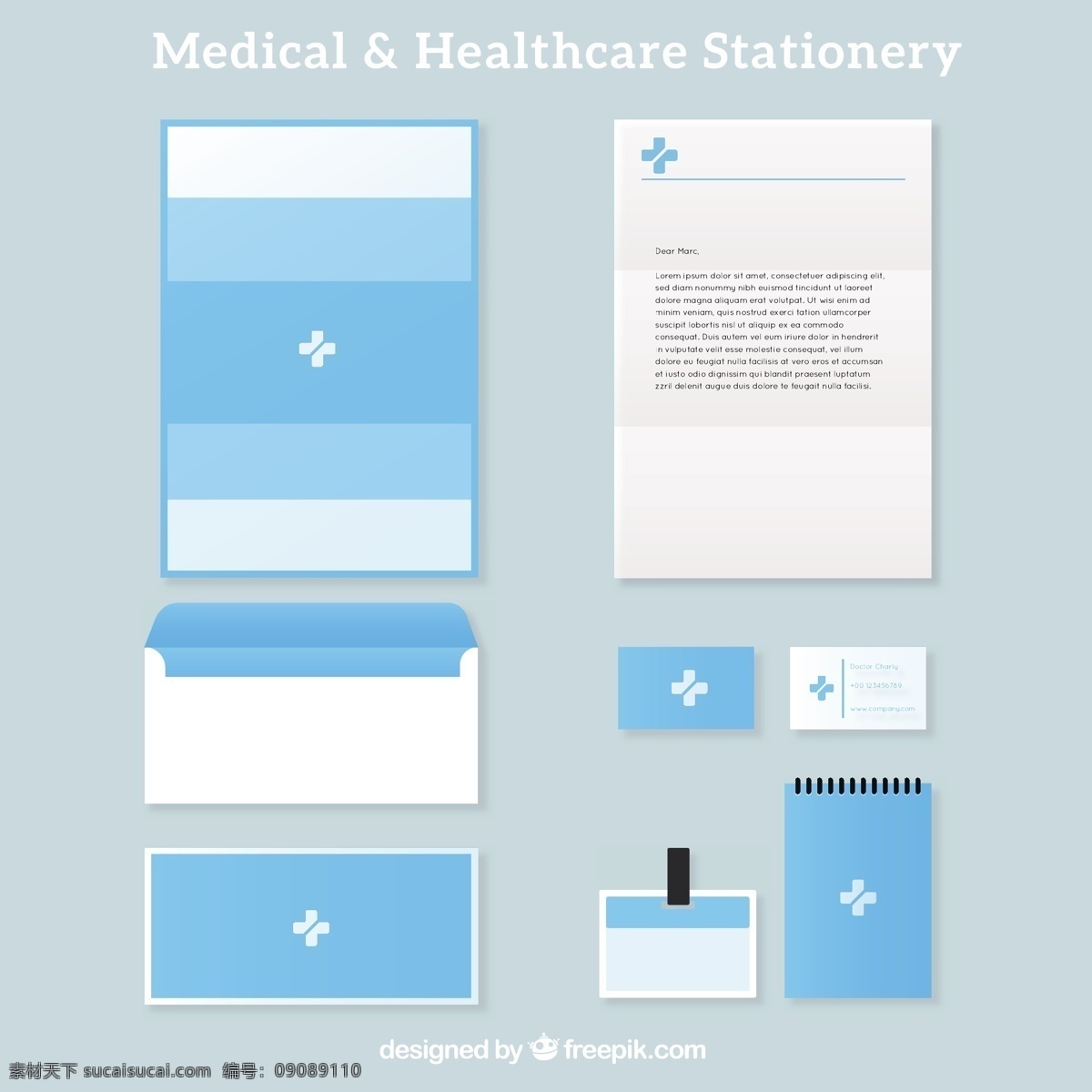 淡 蓝色 医疗 文具 名片 宣传册 传单 摘要 业务卡 光 模板 封面 文件夹 信纸 信封 小册子模板 企业 公司 品牌 产品目录 现代