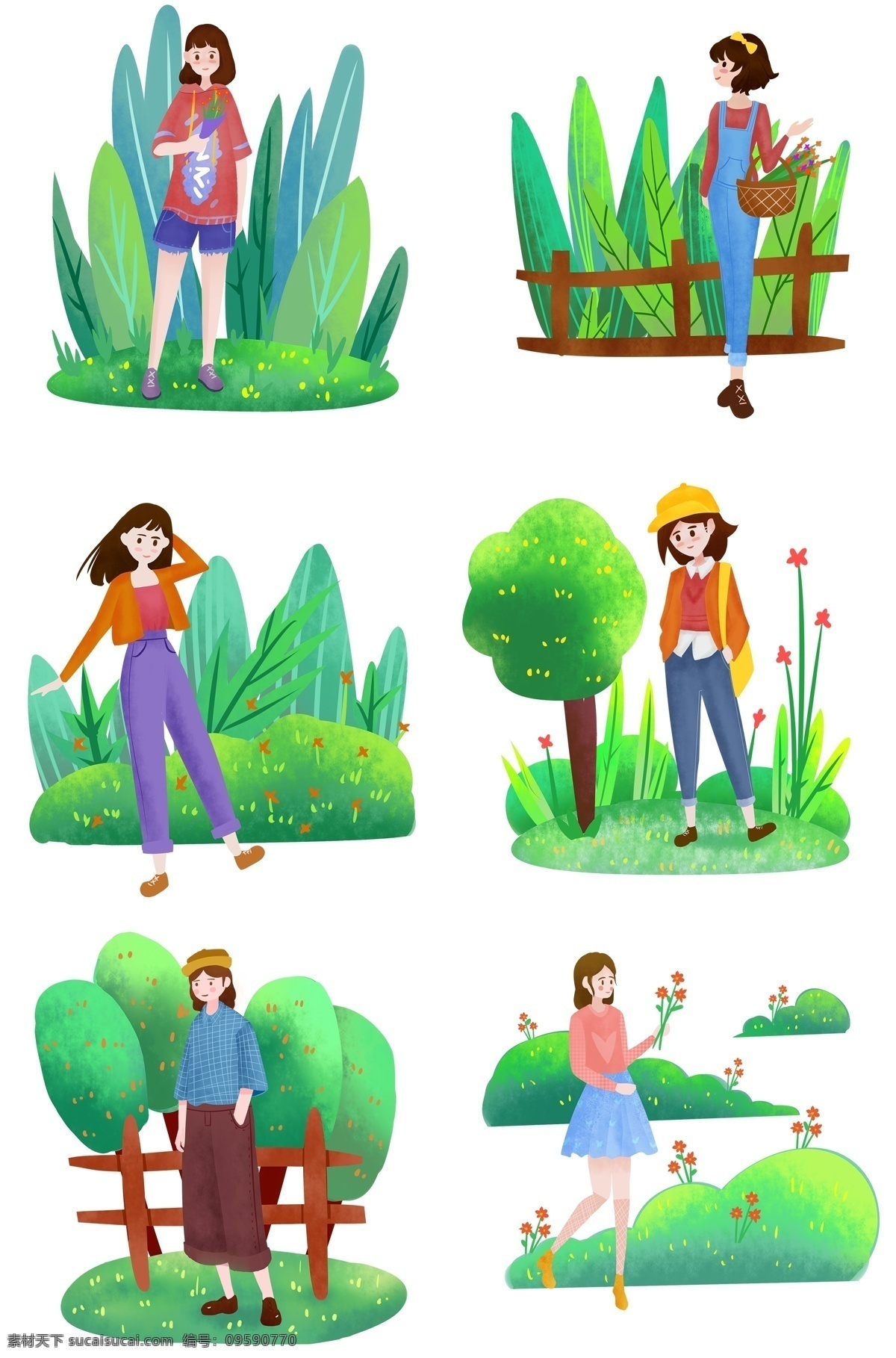 春游 踏青 人物 合集 插画 春游人物合集 春游踏青 春天 春季 绿色植物 树木装饰 采花 花卉 花枝插画