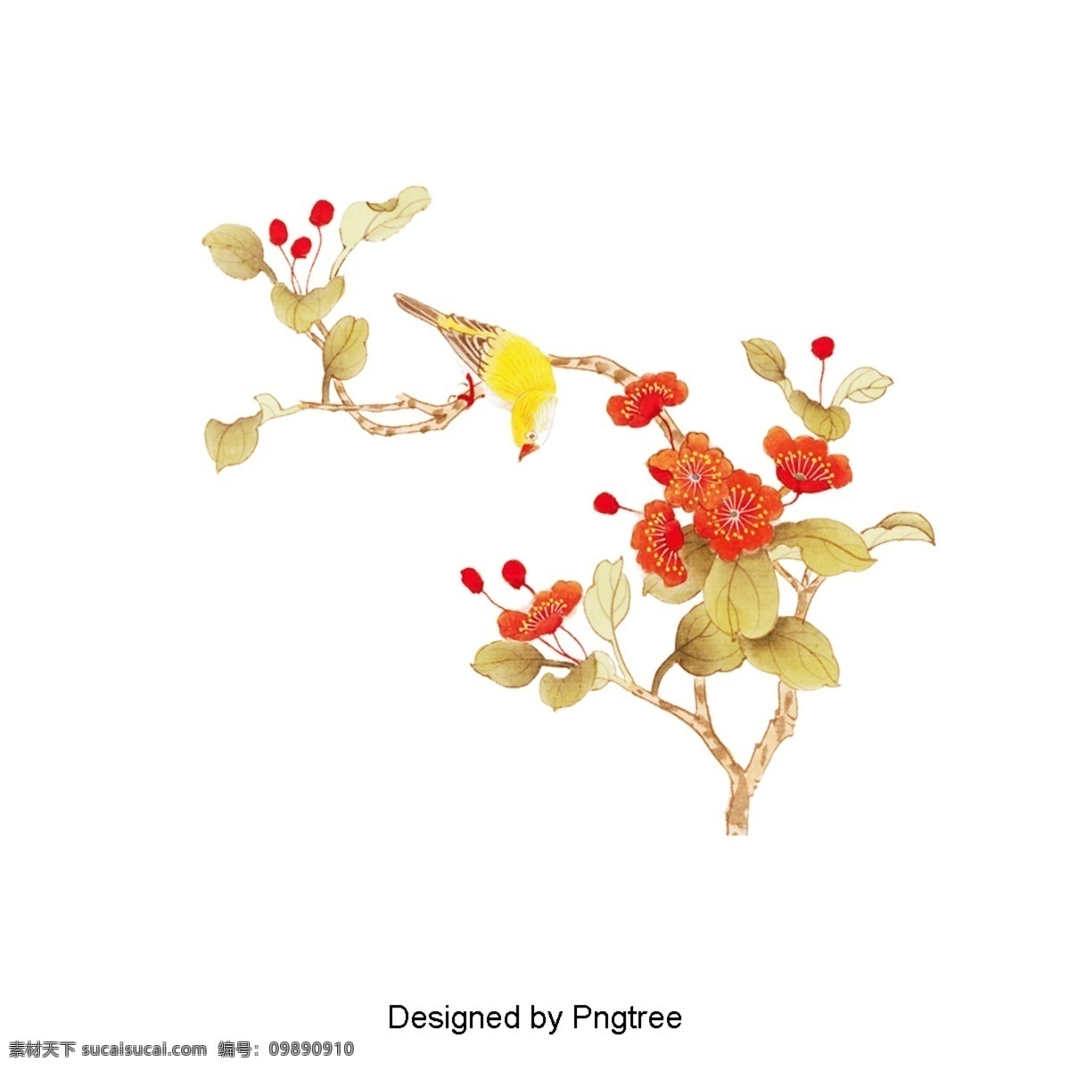 画 鸟 枝 花 图案 贴纸 手绘 树枝 树叶 黄花 两 只