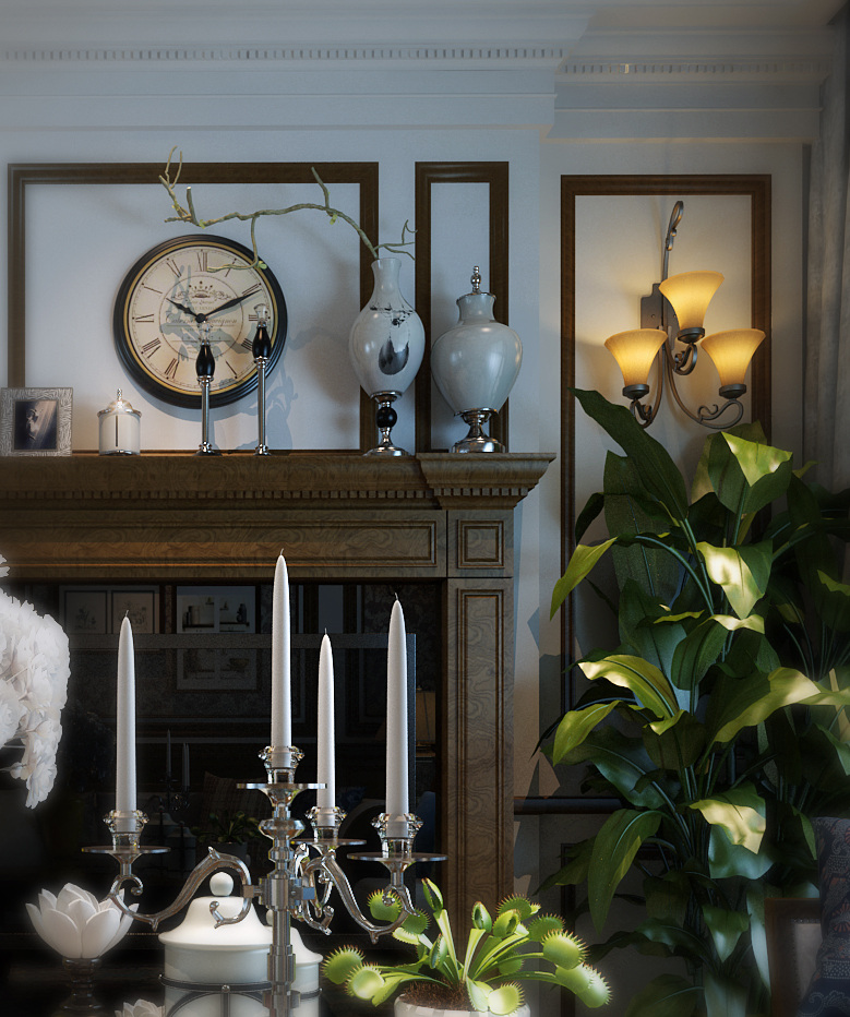 美式 清新 壁炉 客厅 室内装修 效果图 烛台 客厅装修 植物装饰 时钟