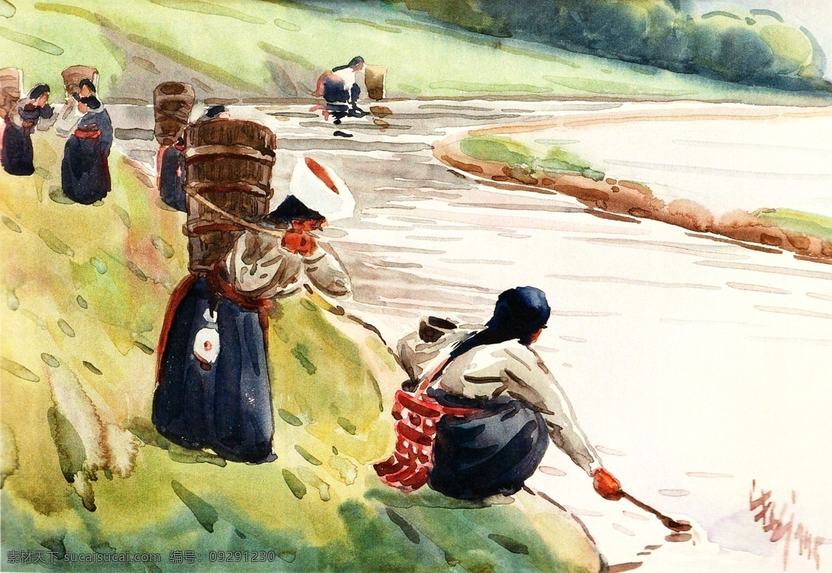 风景油画 河边 绘画书法 人物肖像 人物油画 水彩画 文化艺术 打水设计素材 打水模板下载 打水 河边舀水 负水 背水 妇人 人物写生 油画集二 装饰素材