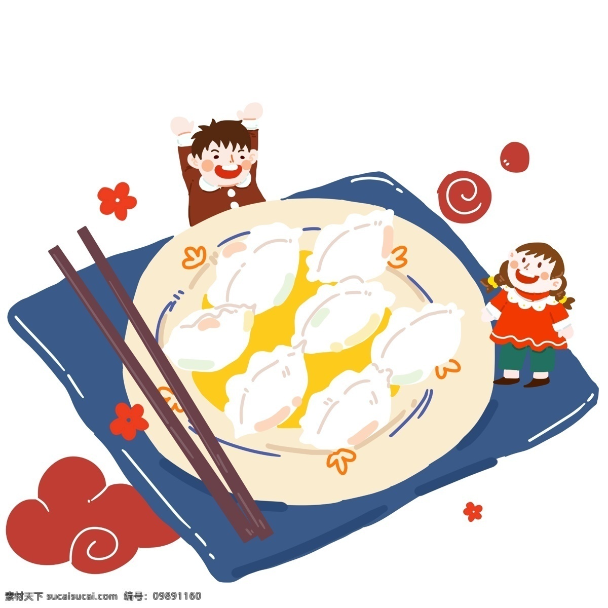 手绘 大年 吃 饺子 儿童 插画 手绘年夜饭 过大年吃饺子 一大盘饺子 可爱儿童 喜庆春节 卡 通吃 人物 快乐儿童插画