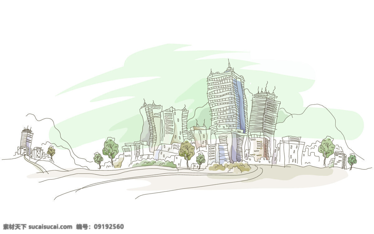 手绘城市背景 城市 插画 背景 白色