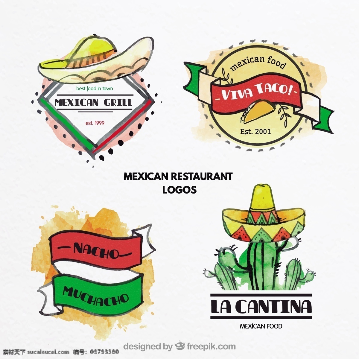 水彩画 墨西哥 食品 标志 标识 水彩 食物 丝带 企业 菜单 手 餐厅 鸡 食品标识 公司 帽子 企业标识 品牌 蔬菜 仙人掌 食品菜单