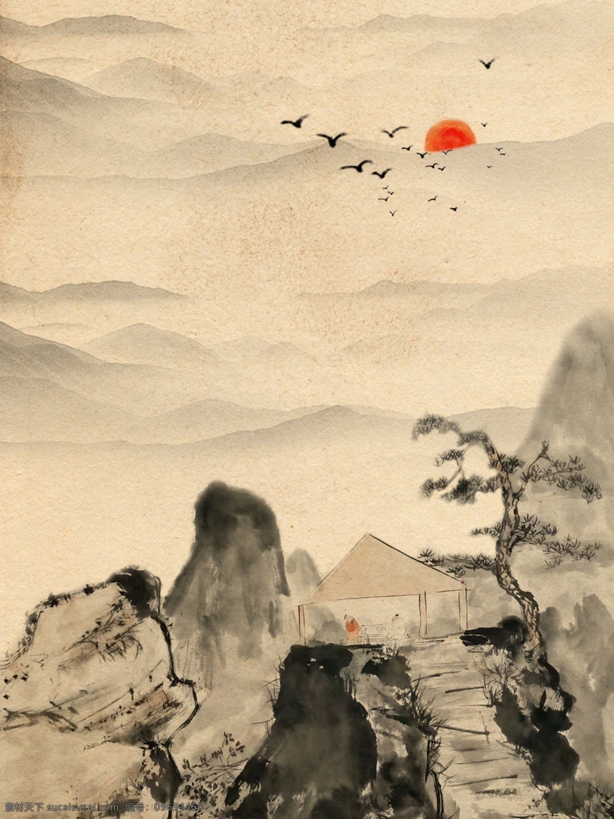 黄色 复古 电商 中国 风 山水画 背景 电商背景