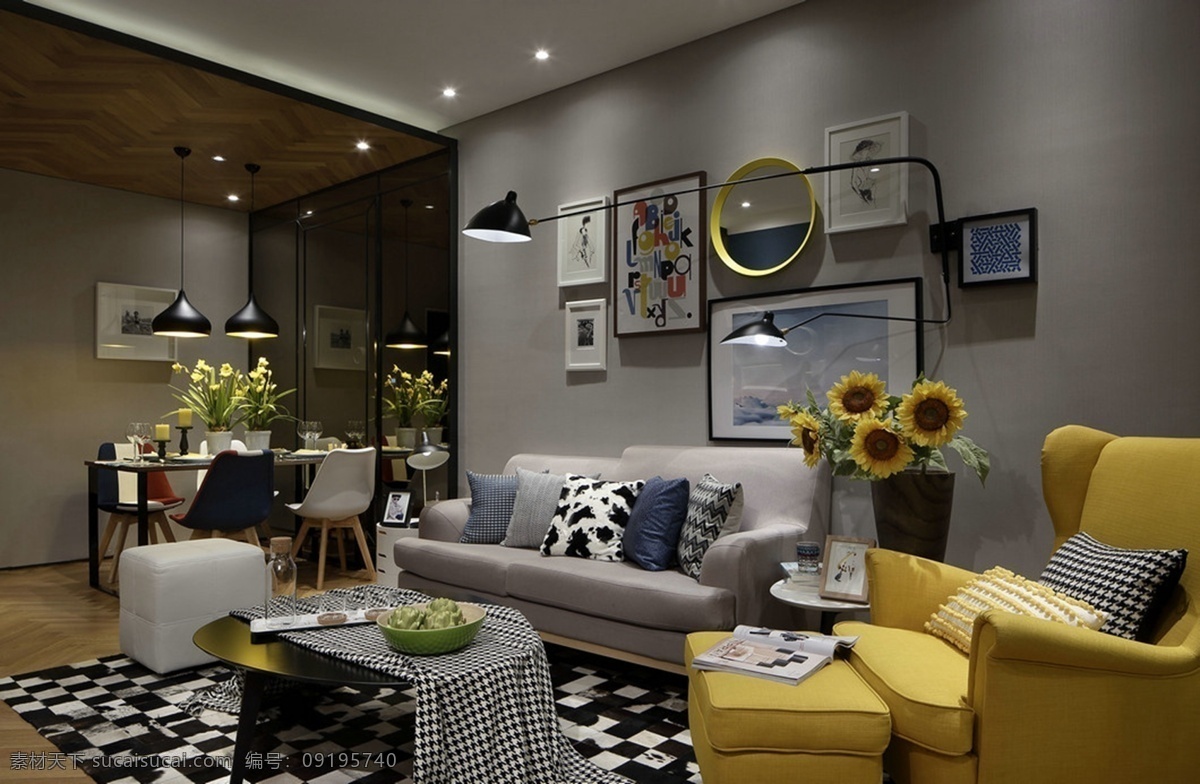 现代 时尚 客厅 纯色 亮 沙发 室内装修 效果图 黄色椅子 灰色沙发 客厅装修 深灰色背景墙