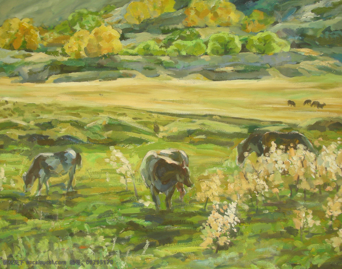 草原 创作 风景画 绘画书法 牛 山区 树林 油画 风景 设计素材 模板下载 油画风景 原创 藏区 放牧 写实油画 文化艺术 家居装饰素材 山水风景画